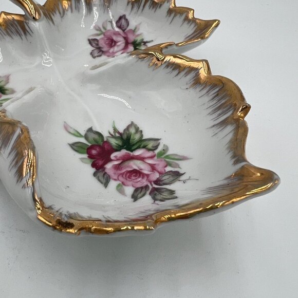 Lefton Leaf Shaped Candy Dish with Hand Painted Roses and Gilt Edge - Picture 2 of 12